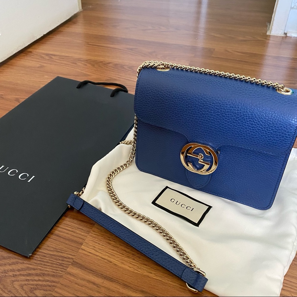 💯% authentic Gucci Calfskin Small Interlocking G Shoulder Bag- Blue